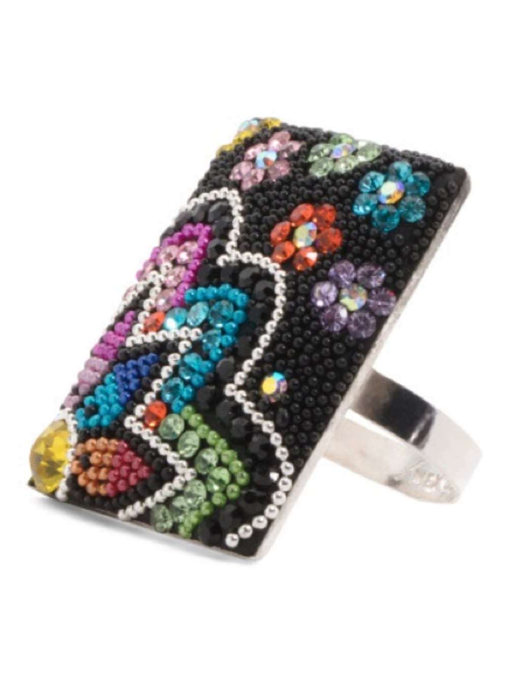 Multicolor Crystal Mosaic Floral Rectangle Ring - Women Jewelry